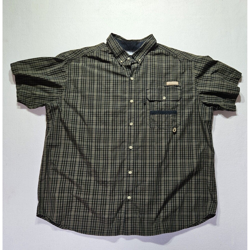 Columbia Button Down Shirt Mens 2XL Large Green PHG Plaid Short Sleeve